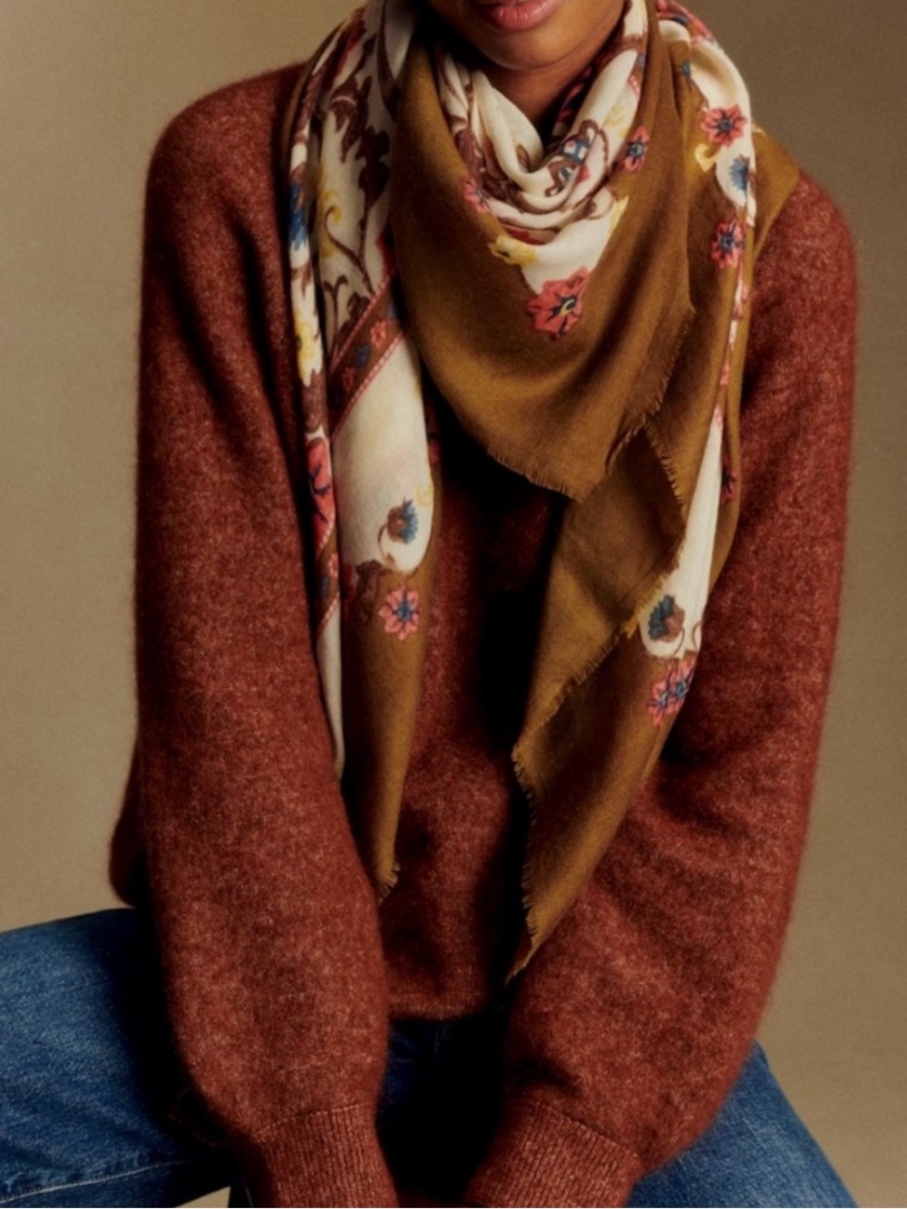 Sezane Elegant Floral Print Wool Pio Scarf in Olive and Cream - Picture 9 of 9